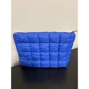 Blue Quilted Puffer Cosmetic Bag Pouch Zipper Closure
